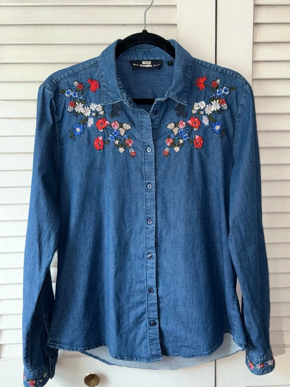 The Kooples Jeans Embroidered Floral Denim Button Down Shirt Blue Large - Picture 2 of 7